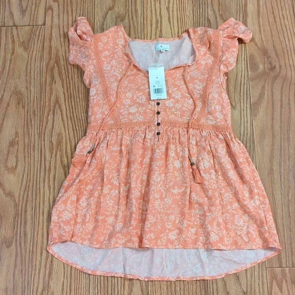 True Craft Peach + Cream Floral Baby Doll Top Ruffle Sleeves NEW Women's Size S